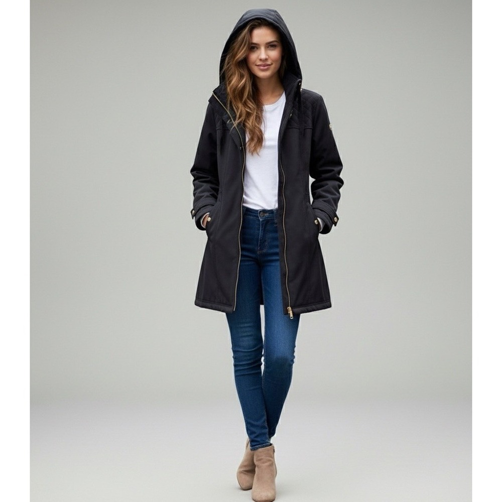 Michael Kors Womens Full Zip Fleece Removable Hoodie Raincoat Jacket Black Small